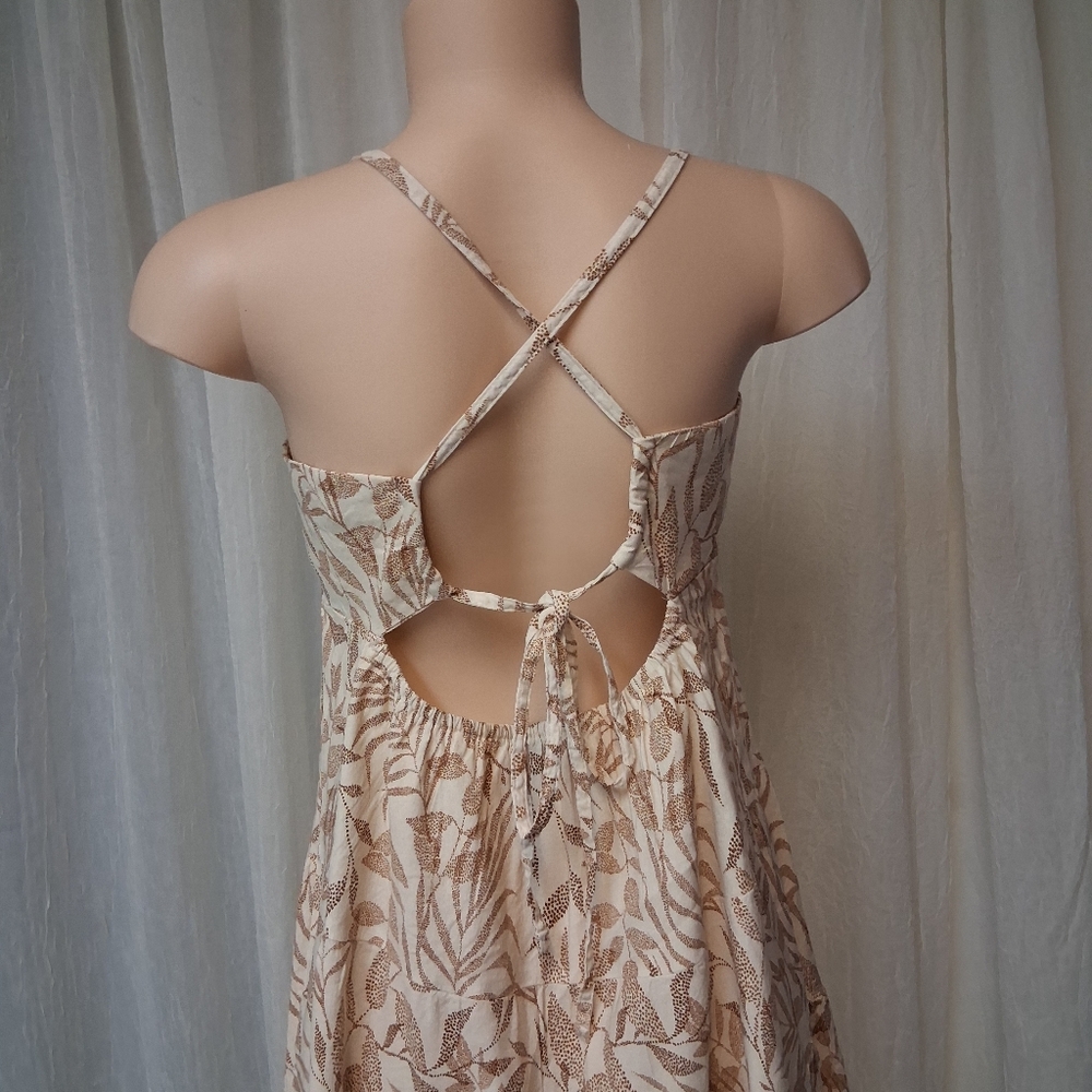 Shore Women Size L Chic Strapless Cream and Brown Leaf Print Dress - Picture 7 of 16